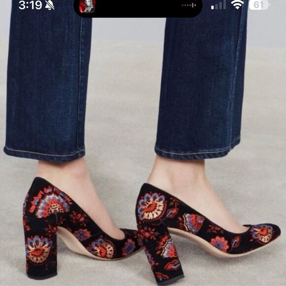 Loeffler Randall Sydnee Black Floral Suede Embroidery High Block Heel Pumps Sz 6 - Picture 4 of 11